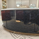 Two-Tone Oval Coffee Table with White Marble Top, High-Gloss Panels and Metal Base
